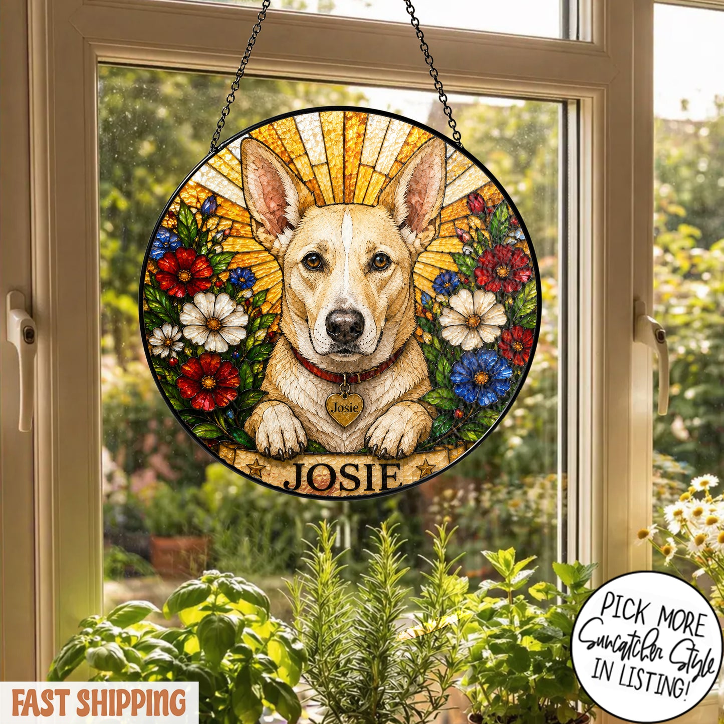 Personalized Dog Suncatcher, Custom Pet Name Stained Glass Window Hanging, Floral Pet Portrait Decor, Dog Lover Gift
