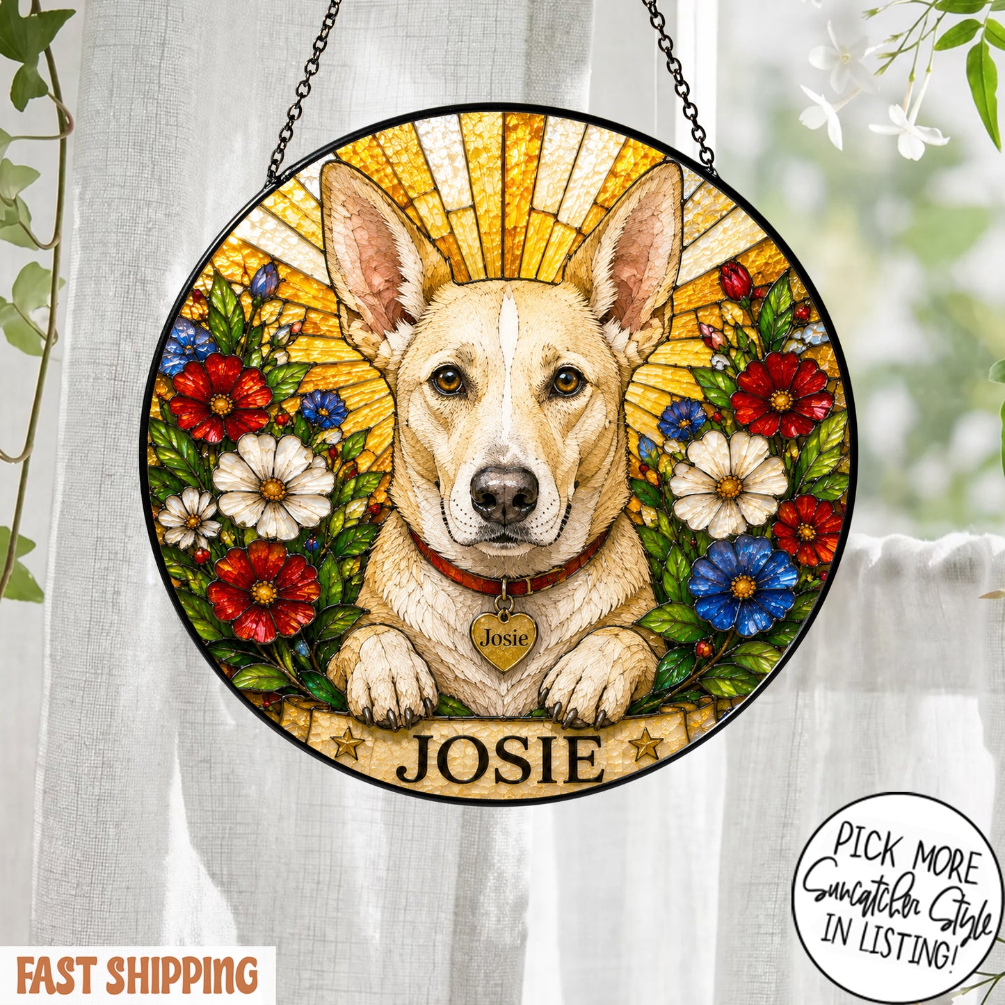 Personalized Dog Suncatcher, Custom Pet Name Stained Glass Window Hanging, Floral Pet Portrait Decor, Dog Lover Gift
