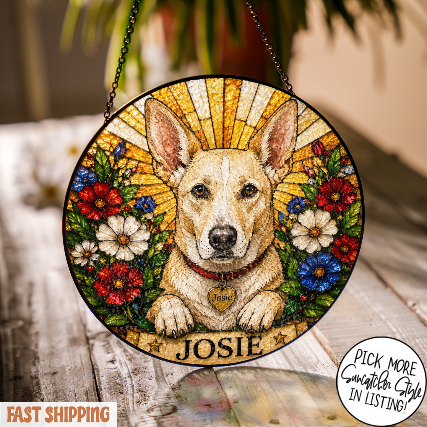 Personalized Dog Suncatcher, Custom Pet Name Stained Glass Window Hanging, Floral Pet Portrait Decor, Dog Lover Gift