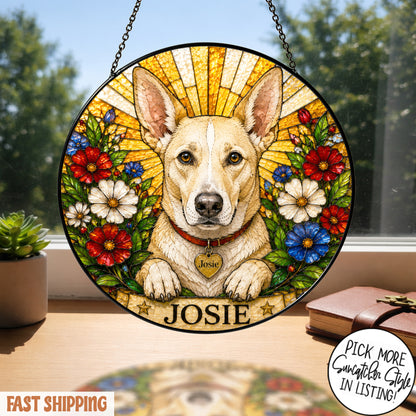 Personalized Dog Suncatcher, Custom Pet Name Stained Glass Window Hanging, Floral Pet Portrait Decor, Dog Lover Gift