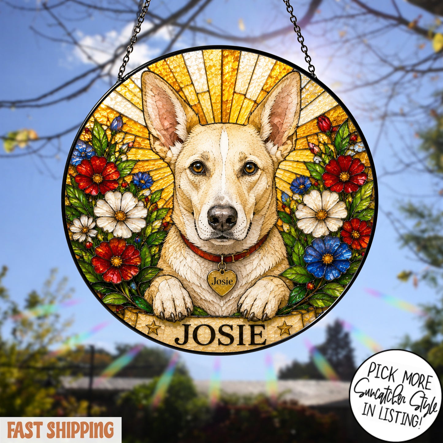 Personalized Dog Suncatcher, Custom Pet Name Stained Glass Window Hanging, Floral Pet Portrait Decor, Dog Lover Gift