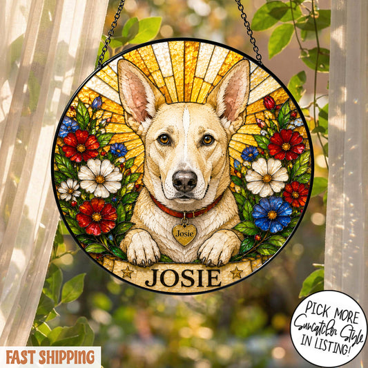 Personalized Dog Suncatcher, Custom Pet Name Stained Glass Window Hanging, Floral Pet Portrait Decor, Dog Lover Gift