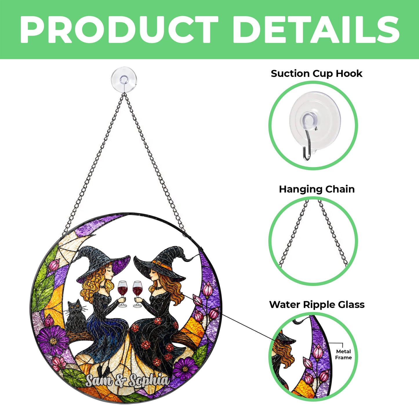 Custom Witch Best Friend Suncatcher, Personalized Witch Sisters Window Hanging, Witchy Wine Gift, Halloween Friendship Decor