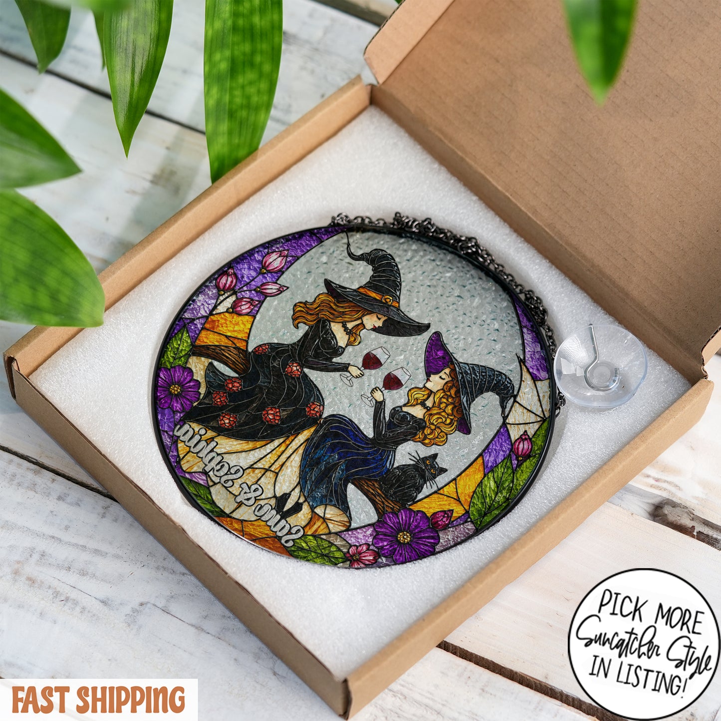 Custom Witch Best Friend Suncatcher, Personalized Witch Sisters Window Hanging, Witchy Wine Gift, Halloween Friendship Decor