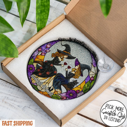 Custom Witch Best Friend Suncatcher, Personalized Witch Sisters Window Hanging, Witchy Wine Gift, Halloween Friendship Decor