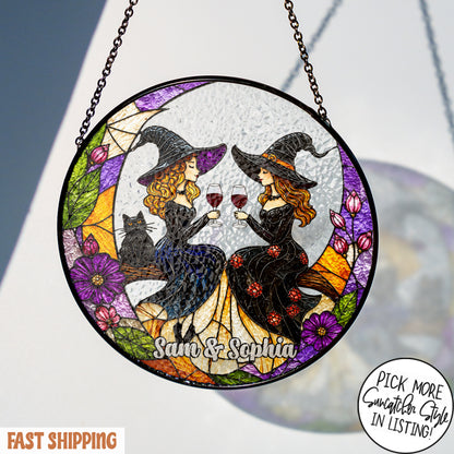 Custom Witch Best Friend Suncatcher, Personalized Witch Sisters Window Hanging, Witchy Wine Gift, Halloween Friendship Decor