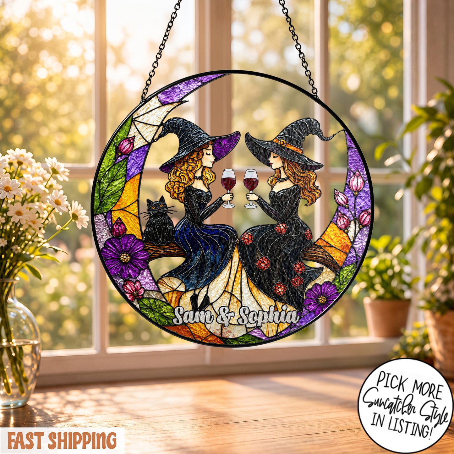 Custom Witch Best Friend Suncatcher, Personalized Witch Sisters Window Hanging, Witchy Wine Gift, Halloween Friendship Decor