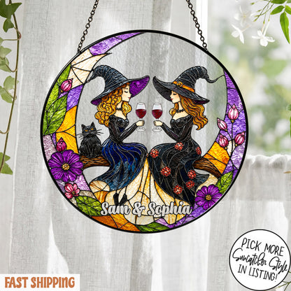 Custom Witch Best Friend Suncatcher, Personalized Witch Sisters Window Hanging, Witchy Wine Gift, Halloween Friendship Decor