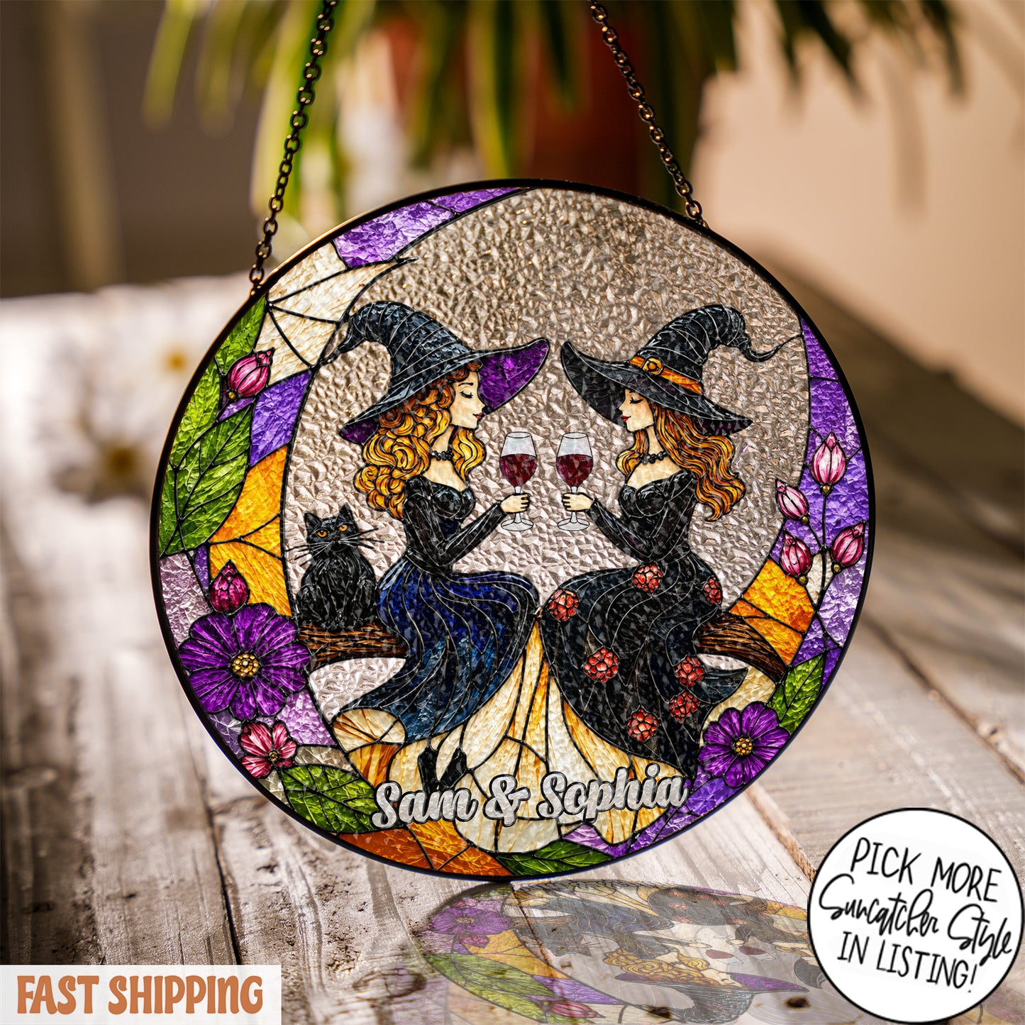 Custom Witch Best Friend Suncatcher, Personalized Witch Sisters Window Hanging, Witchy Wine Gift, Halloween Friendship Decor
