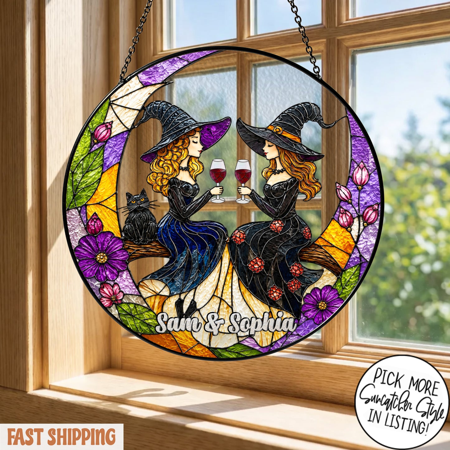 Custom Witch Best Friend Suncatcher, Personalized Witch Sisters Window Hanging, Witchy Wine Gift, Halloween Friendship Decor