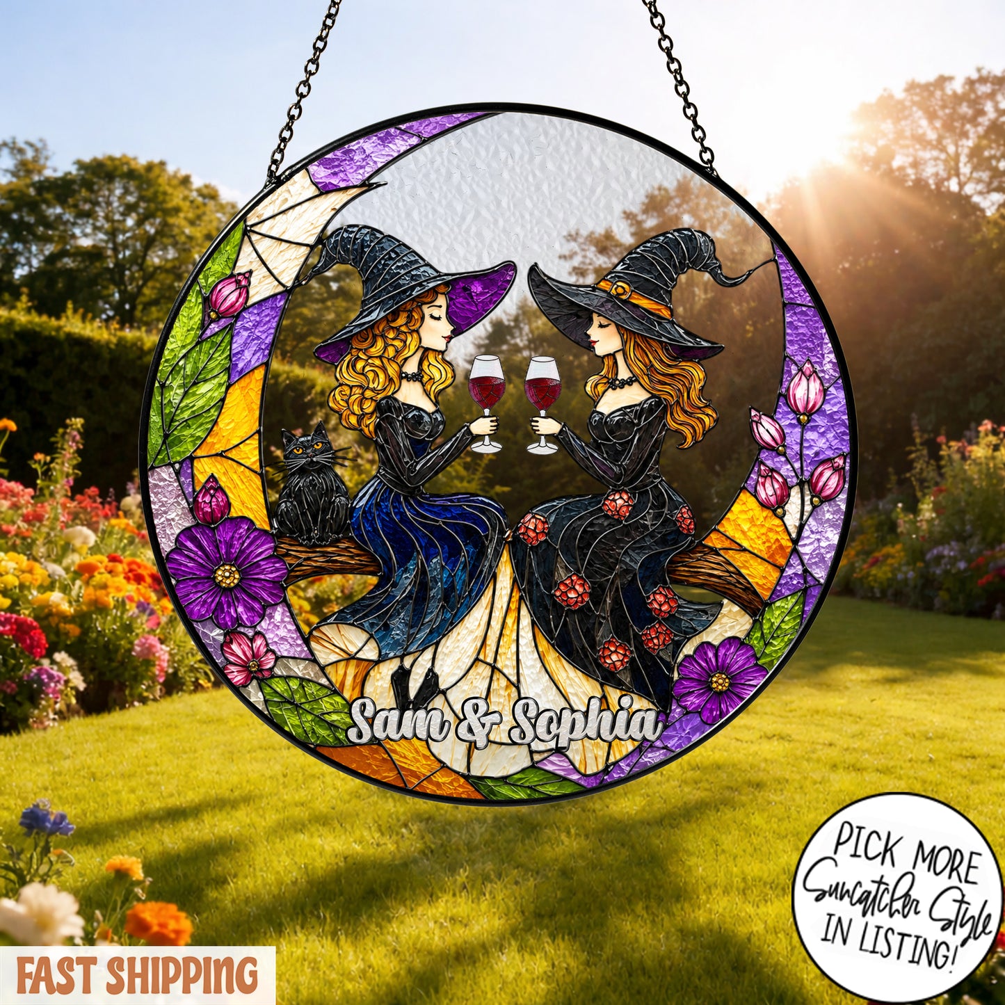 Custom Witch Best Friend Suncatcher, Personalized Witch Sisters Window Hanging, Witchy Wine Gift, Halloween Friendship Decor