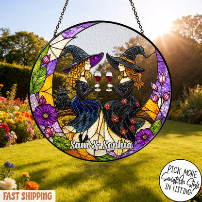 Custom Witch Best Friend Suncatcher, Personalized Witch Sisters Window Hanging, Witchy Wine Gift, Halloween Friendship Decor