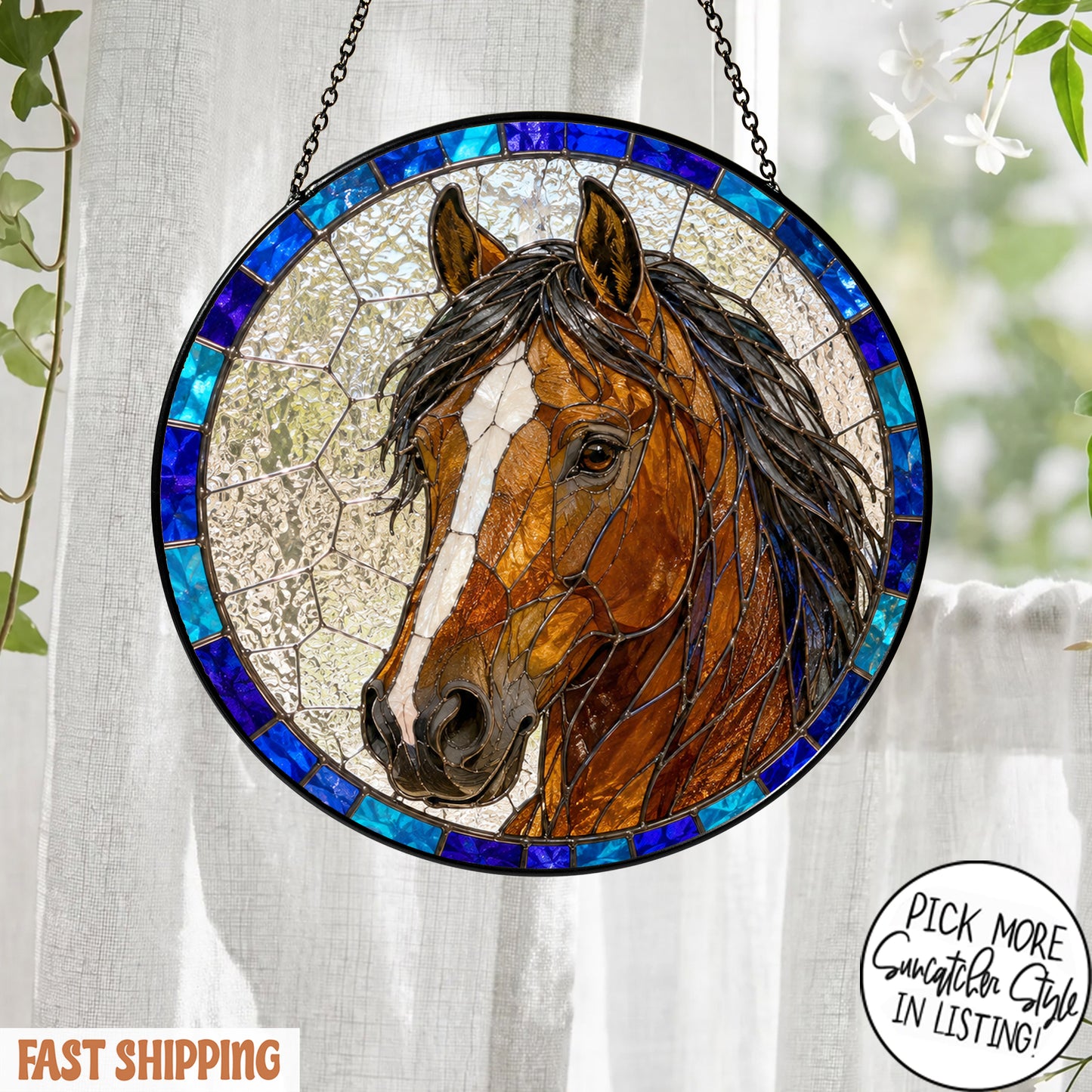 Custom Horse Suncatcher from Photo, Personalized Stained Glass Horse Portrait, Horse Lover Gift, Equestrian Window Hanging