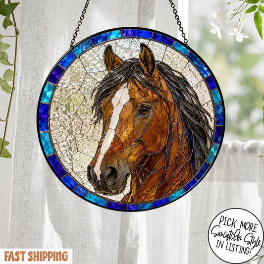 Custom Horse Suncatcher from Photo, Personalized Stained Glass Horse Portrait, Horse Lover Gift, Equestrian Window Hanging