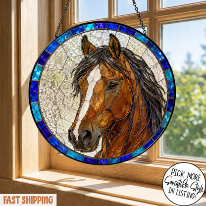 Custom Horse Suncatcher from Photo, Personalized Stained Glass Horse Portrait, Horse Lover Gift, Equestrian Window Hanging