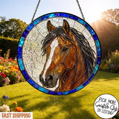 Custom Horse Suncatcher from Photo, Personalized Stained Glass Horse Portrait, Horse Lover Gift, Equestrian Window Hanging