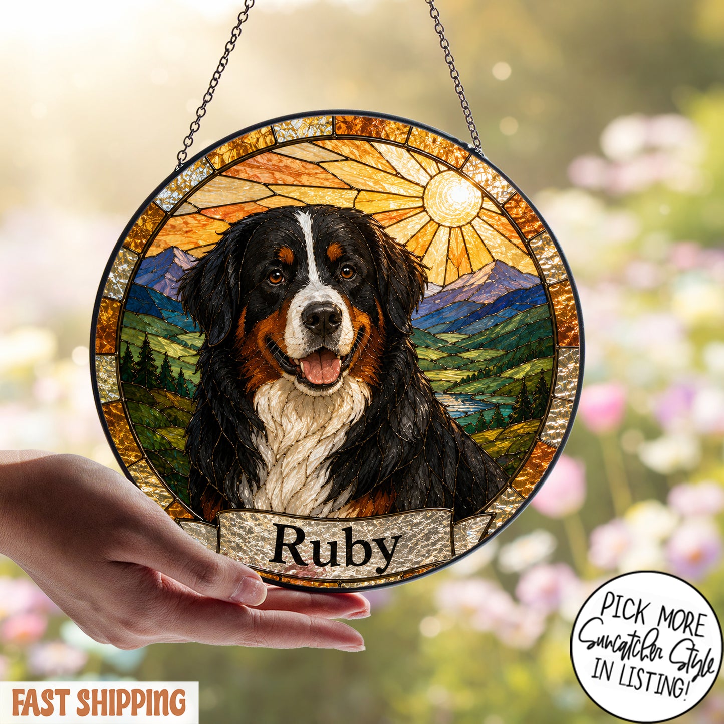 Personalized Dog Suncatcher, Custom Pet Name Stained Glass Window Hanging, Dog Lover Memorial Gift