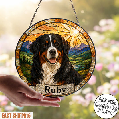 Personalized Dog Suncatcher, Custom Pet Name Stained Glass Window Hanging, Dog Lover Memorial Gift