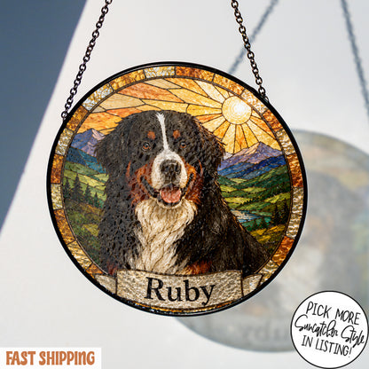 Personalized Dog Suncatcher, Custom Pet Name Stained Glass Window Hanging, Dog Lover Memorial Gift