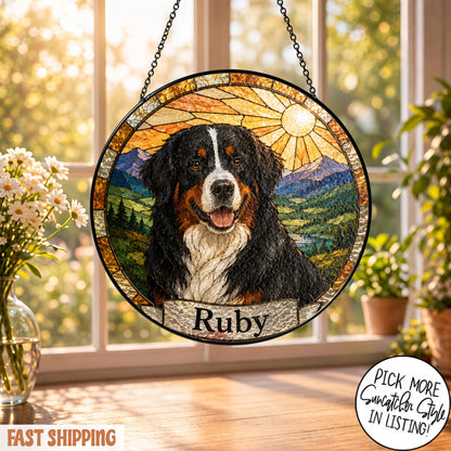 Personalized Dog Suncatcher, Custom Pet Name Stained Glass Window Hanging, Dog Lover Memorial Gift