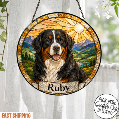 Personalized Dog Suncatcher, Custom Pet Name Stained Glass Window Hanging, Dog Lover Memorial Gift