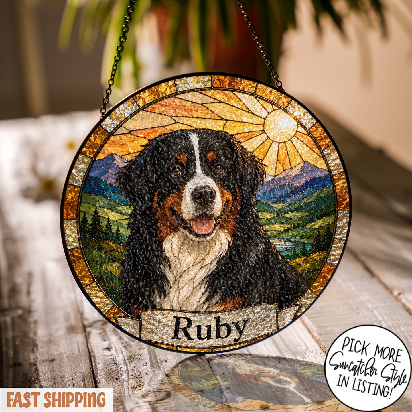 Personalized Dog Suncatcher, Custom Pet Name Stained Glass Window Hanging, Dog Lover Memorial Gift