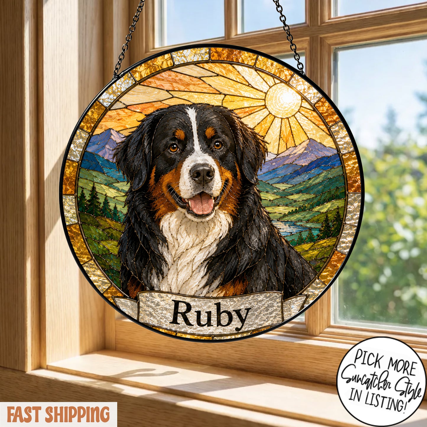 Personalized Dog Suncatcher, Custom Pet Name Stained Glass Window Hanging, Dog Lover Memorial Gift
