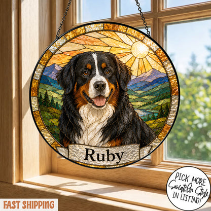 Personalized Dog Suncatcher, Custom Pet Name Stained Glass Window Hanging, Dog Lover Memorial Gift
