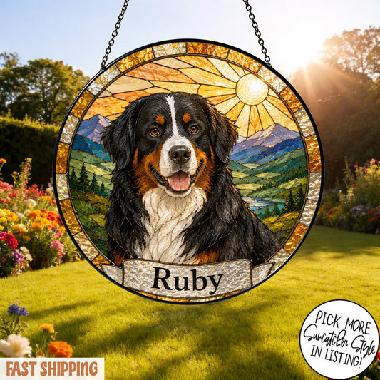Personalized Dog Suncatcher, Custom Pet Name Stained Glass Window Hanging, Dog Lover Memorial Gift