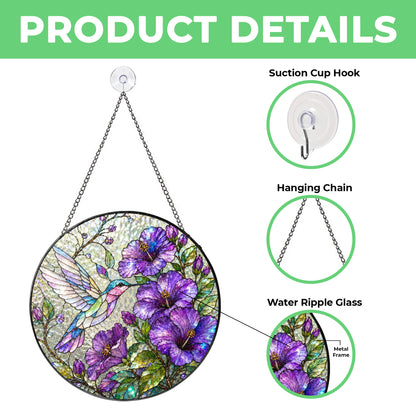 Hummingbird Hibiscus Stained Glass Suncatcher, Purple Floral Window Hanging, Bird Lover Sun Catcher Decor, Garden Gift for Mom