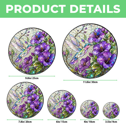 Hummingbird Hibiscus Stained Glass Suncatcher, Purple Floral Window Hanging, Bird Lover Sun Catcher Decor, Garden Gift for Mom