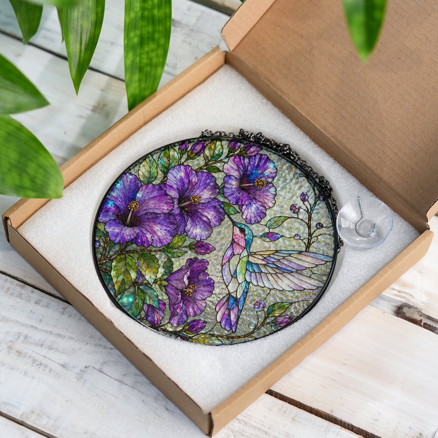 Hummingbird Hibiscus Stained Glass Suncatcher, Purple Floral Window Hanging, Bird Lover Sun Catcher Decor, Garden Gift for Mom