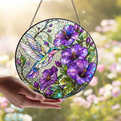 Hummingbird Hibiscus Stained Glass Suncatcher, Purple Floral Window Hanging, Bird Lover Sun Catcher Decor, Garden Gift for Mom