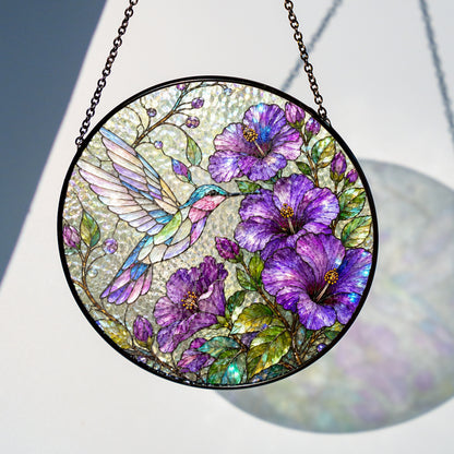 Hummingbird Hibiscus Stained Glass Suncatcher, Purple Floral Window Hanging, Bird Lover Sun Catcher Decor, Garden Gift for Mom