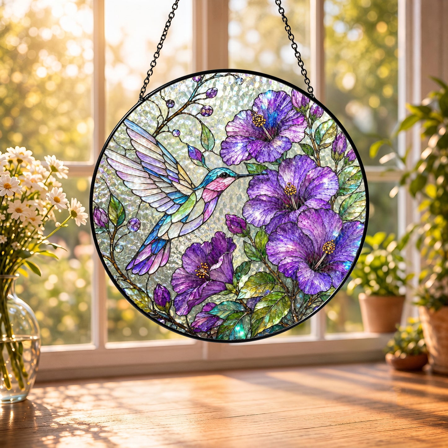 Hummingbird Hibiscus Stained Glass Suncatcher, Purple Floral Window Hanging, Bird Lover Sun Catcher Decor, Garden Gift for Mom