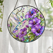 Hummingbird Hibiscus Stained Glass Suncatcher, Purple Floral Window Hanging, Bird Lover Sun Catcher Decor, Garden Gift for Mom