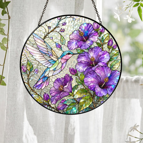 Hummingbird Hibiscus Stained Glass Suncatcher, Purple Floral Window Hanging, Bird Lover Sun Catcher Decor, Garden Gift for Mom