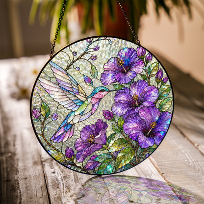 Hummingbird Hibiscus Stained Glass Suncatcher, Purple Floral Window Hanging, Bird Lover Sun Catcher Decor, Garden Gift for Mom