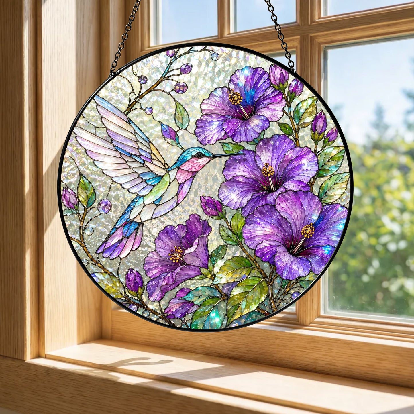 Hummingbird Hibiscus Stained Glass Suncatcher, Purple Floral Window Hanging, Bird Lover Sun Catcher Decor, Garden Gift for Mom