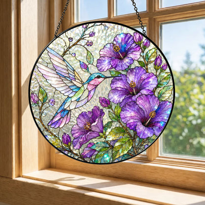 Hummingbird Hibiscus Stained Glass Suncatcher, Purple Floral Window Hanging, Bird Lover Sun Catcher Decor, Garden Gift for Mom