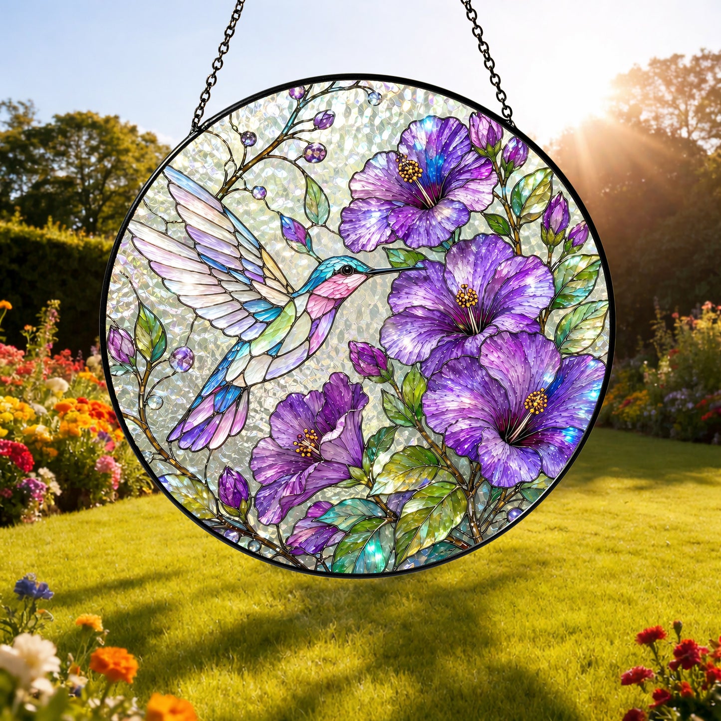 Hummingbird Hibiscus Stained Glass Suncatcher, Purple Floral Window Hanging, Bird Lover Sun Catcher Decor, Garden Gift for Mom