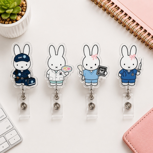 Cute Bunny Medical Badge Reel Set, EMT RN Doctor Ultrasound Nurse Retractable ID Holder, Healthcare Badge Clip Gift