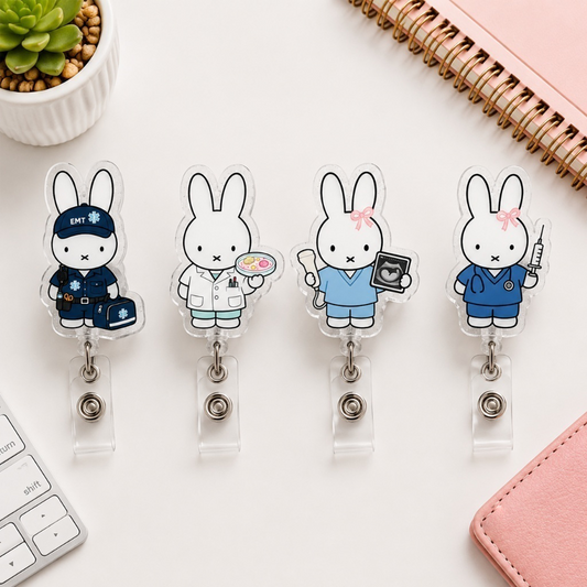 Cute Bunny Medical Badge Reel Set, EMT RN Doctor Ultrasound Nurse Retractable ID Holder, Healthcare Badge Clip Gift