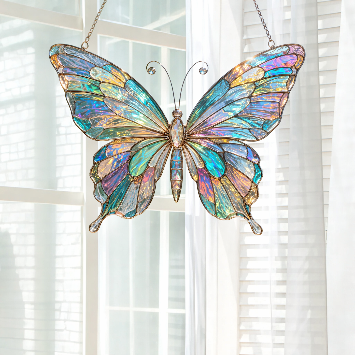 Iridescent Butterfly Stained Glass Suncatcher, Colorful Window Hanging, Aesthetic Sun Catcher, Garden Decor, Gift For Mom Grandma