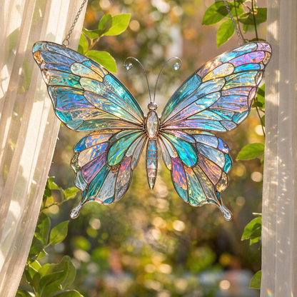 Iridescent Butterfly Stained Glass Suncatcher, Colorful Window Hanging, Aesthetic Sun Catcher, Garden Decor, Gift For Mom Grandma