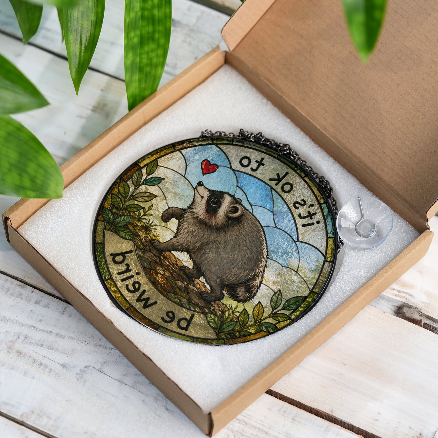 Jimothy Raccoon Stained Glass Suncatcher, Seattle Wildlife Decor, Raccoon meme Ornament, Gift for Animal Lover Home Decor