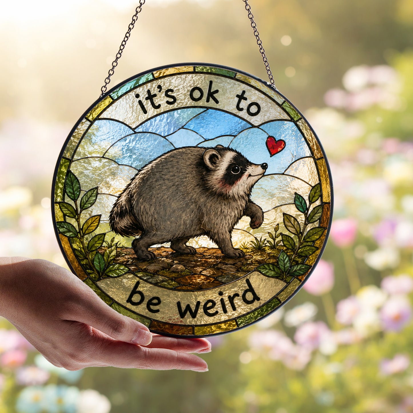 Jimothy Raccoon Stained Glass Suncatcher, Seattle Wildlife Decor, Raccoon meme Ornament, Gift for Animal Lover Home Decor