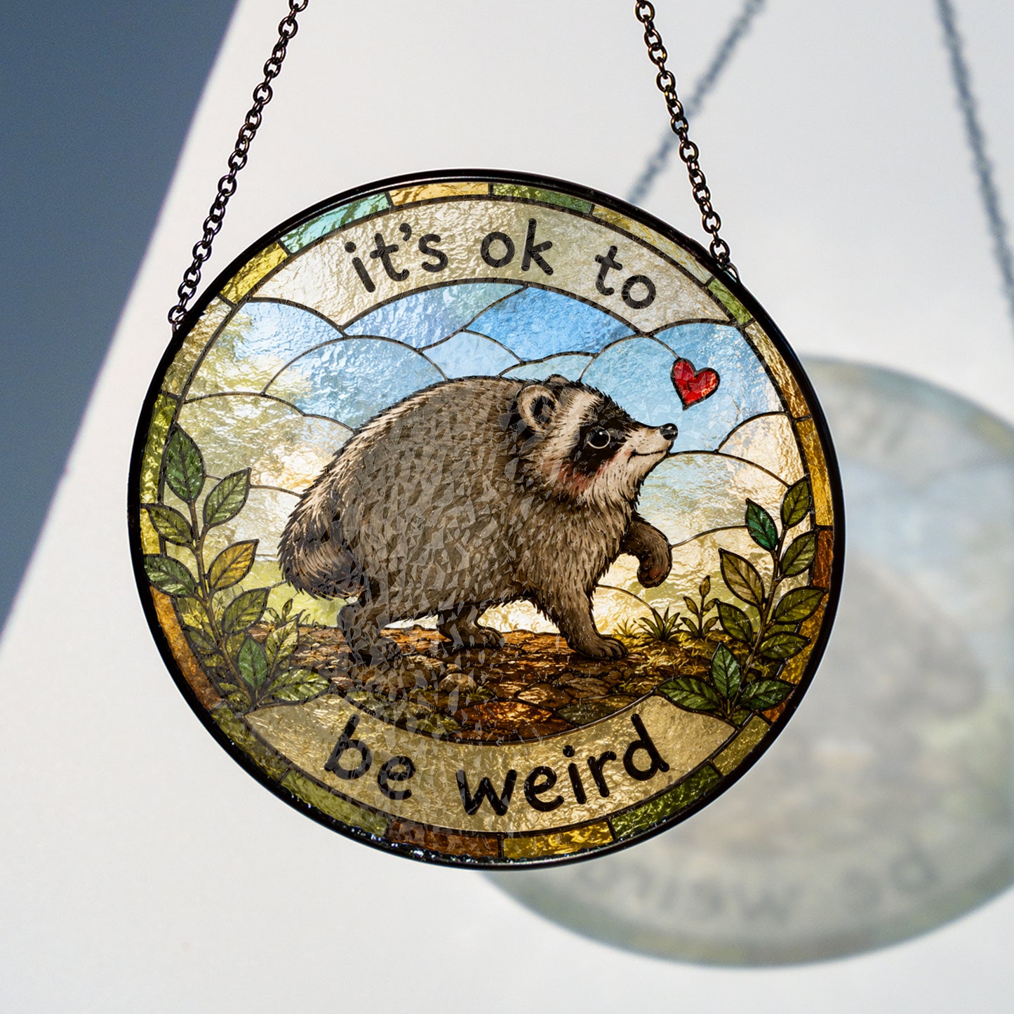 Jimothy Raccoon Stained Glass Suncatcher, Seattle Wildlife Decor, Raccoon meme Ornament, Gift for Animal Lover Home Decor