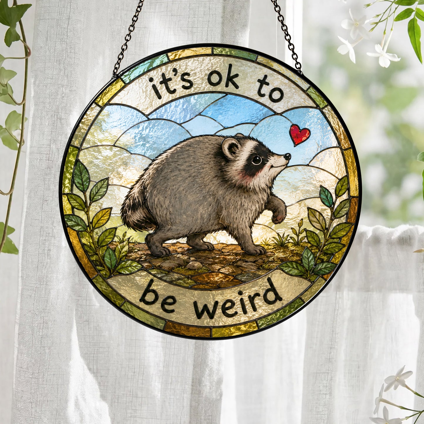 Jimothy Raccoon Stained Glass Suncatcher, Seattle Wildlife Decor, Raccoon meme Ornament, Gift for Animal Lover Home Decor