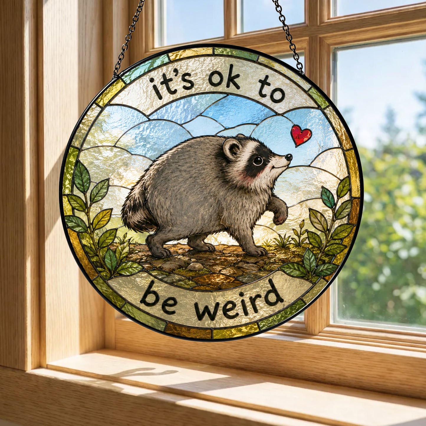 Jimothy Raccoon Stained Glass Suncatcher, Seattle Wildlife Decor, Raccoon meme Ornament, Gift for Animal Lover Home Decor